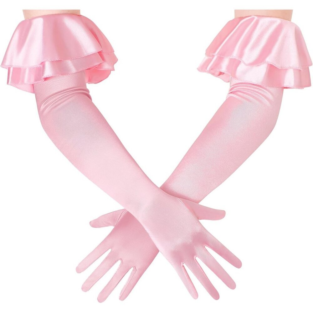 Women's Pink Long Satin Ruffle Cuff Stretchy Sleeves Gloves Wedding Costume